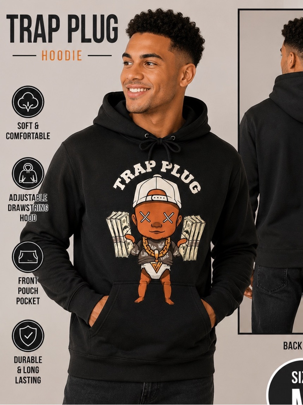 Hand Crafted Black Trap Plug Graphic Hoodie MEDIUM